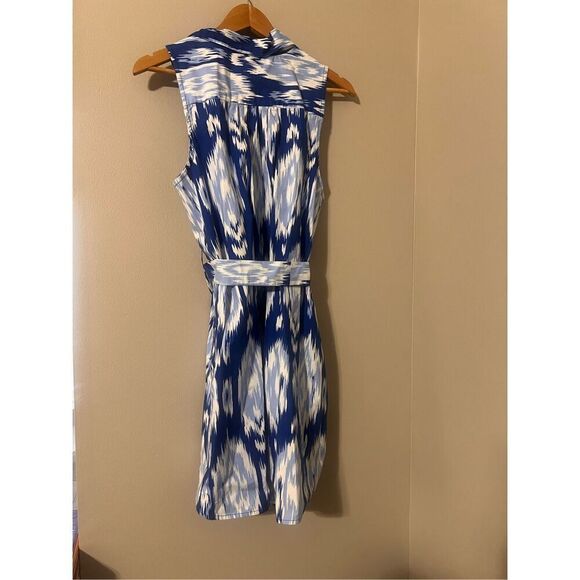 Crown & Ivy Womens L Tie Waist Boyfriend Dress Blue Ikat Print Sleeveless Summer - Picture 3 of 9